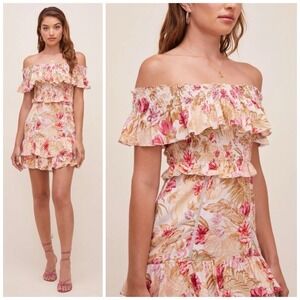 Revolve ASTR Dress S Cottagecore‎ Off Shoulder Smocked Rose Olive Floral Mini